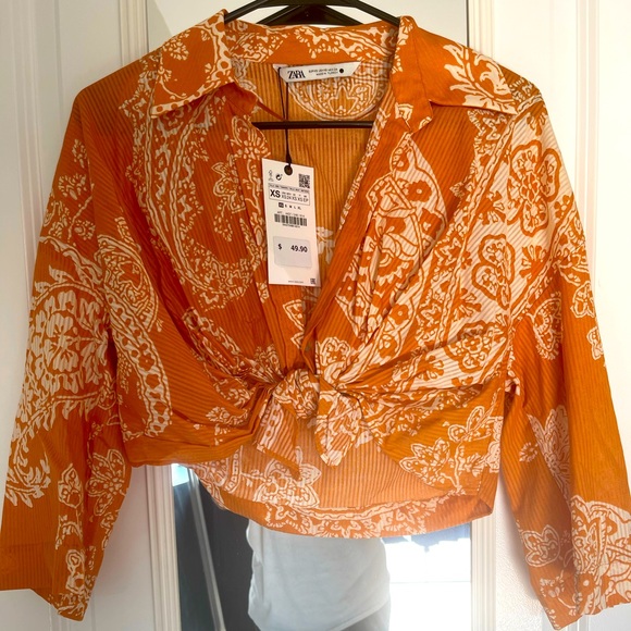 Zara Tops - Orange Printed Tie Crop Top ( matching skirt )